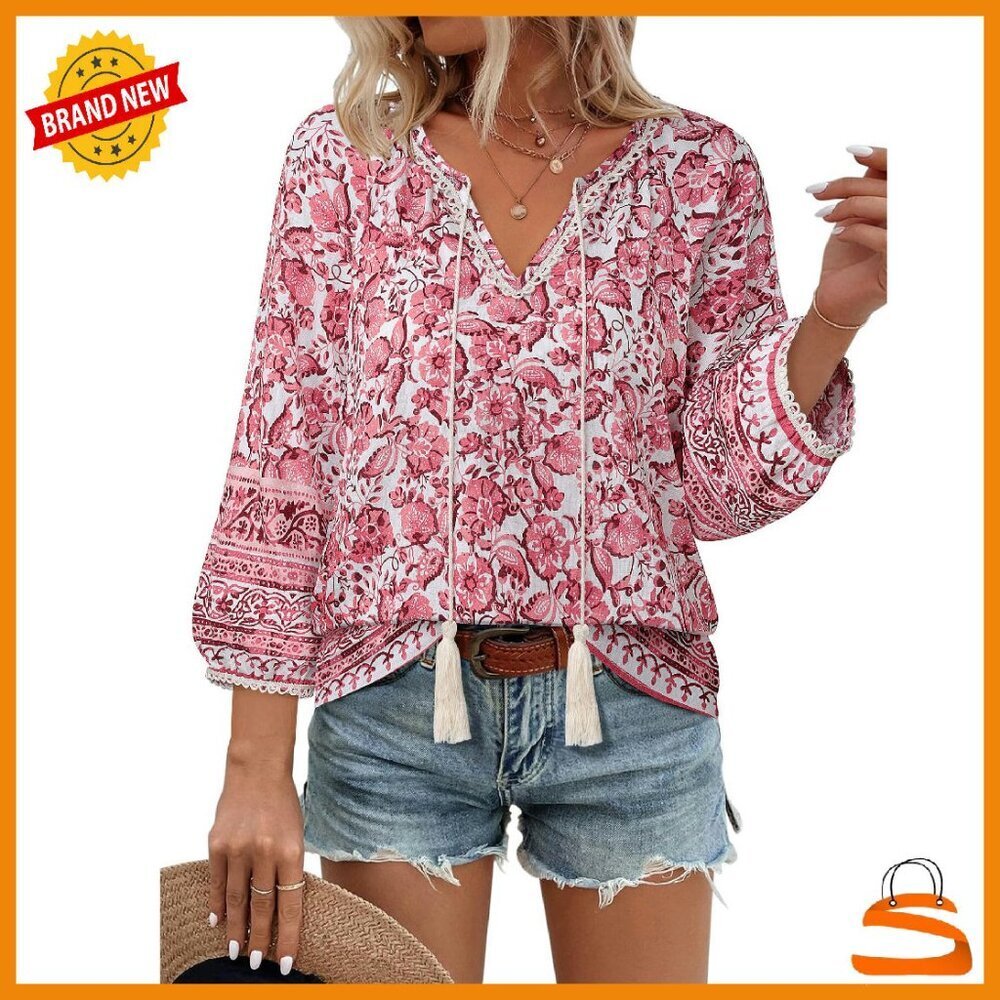 Boho Floral Print Blouse 3/4 Sleeve Tie Front Flowy Tunic Top